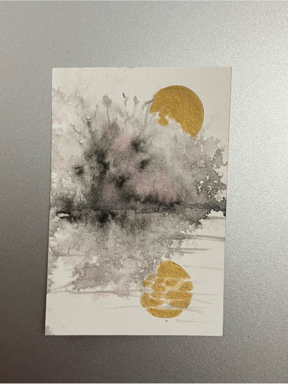 Original sunset tree painting miniature realism art sumi-e style ink gift USA